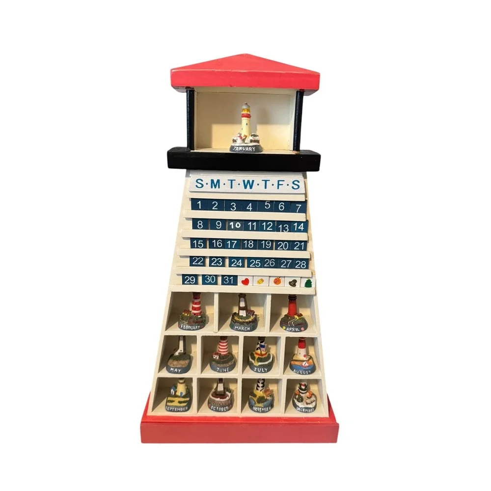 Vintage Lighthouse Wooden Perpetual Calendar Nautical Wall Decor with Figurines